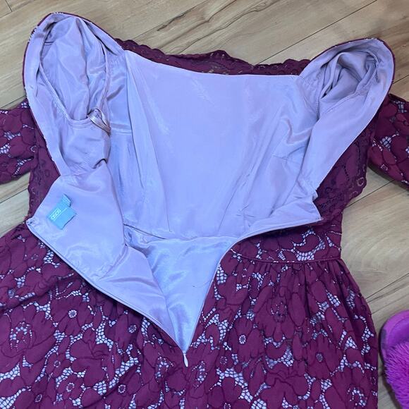 ASOS lace midi dress burgundy fit-flare wedding guest cocktail - Picture 9 of 12